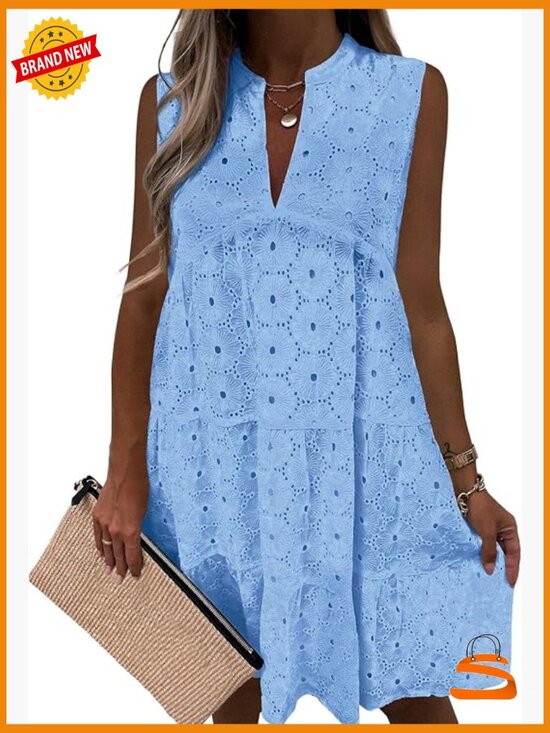Dresses & Skirts - V Neck Eyelet Lace Mini Sundress Babydoll Hollow Out Swing Beach Casual Dress